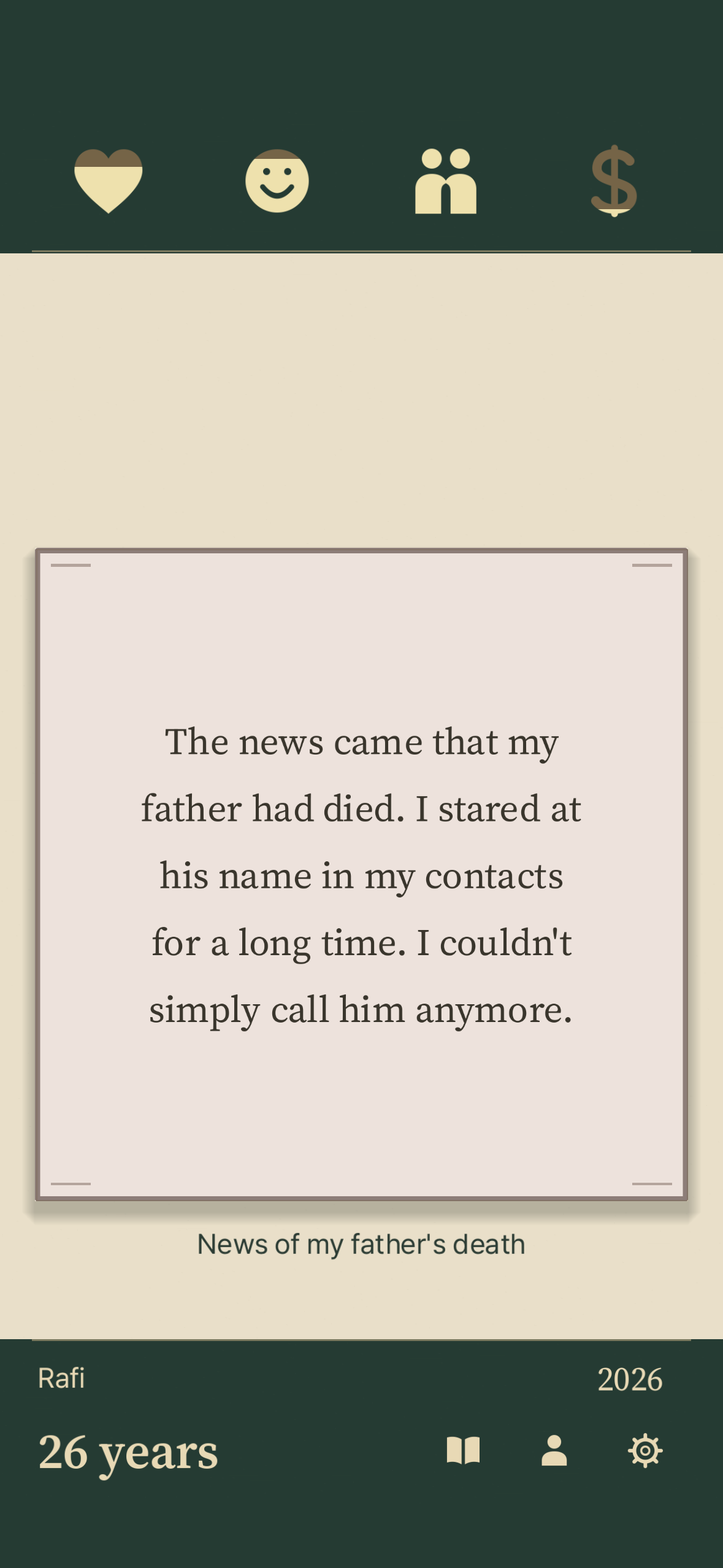 Actual event card with news of a death in the character’s family