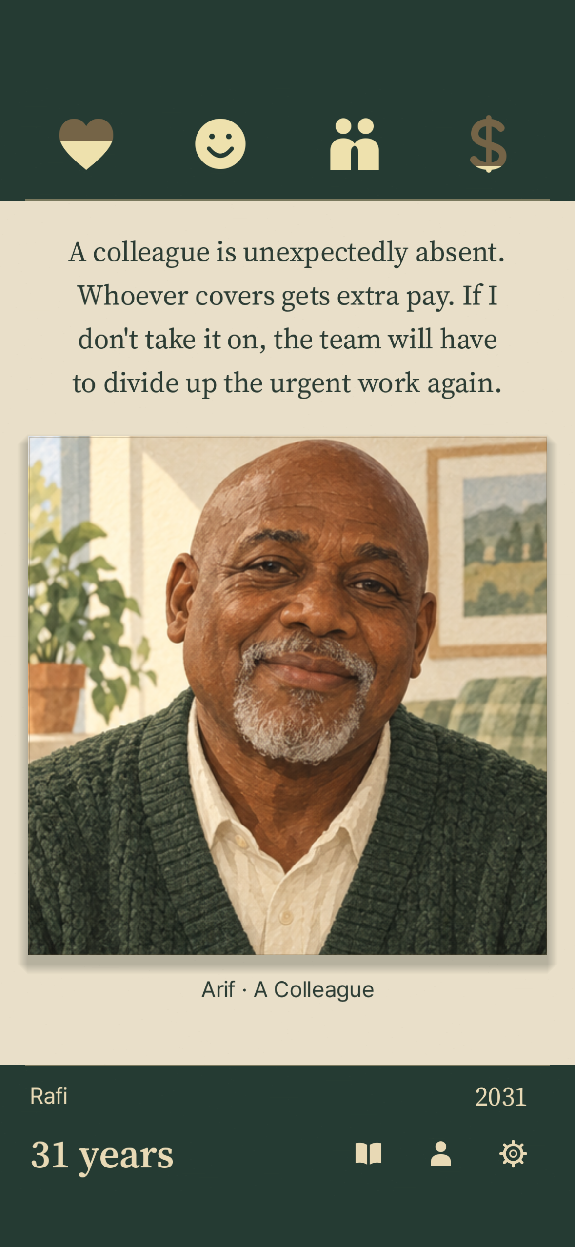 Actual gameplay screen featuring a colleague on a life story card