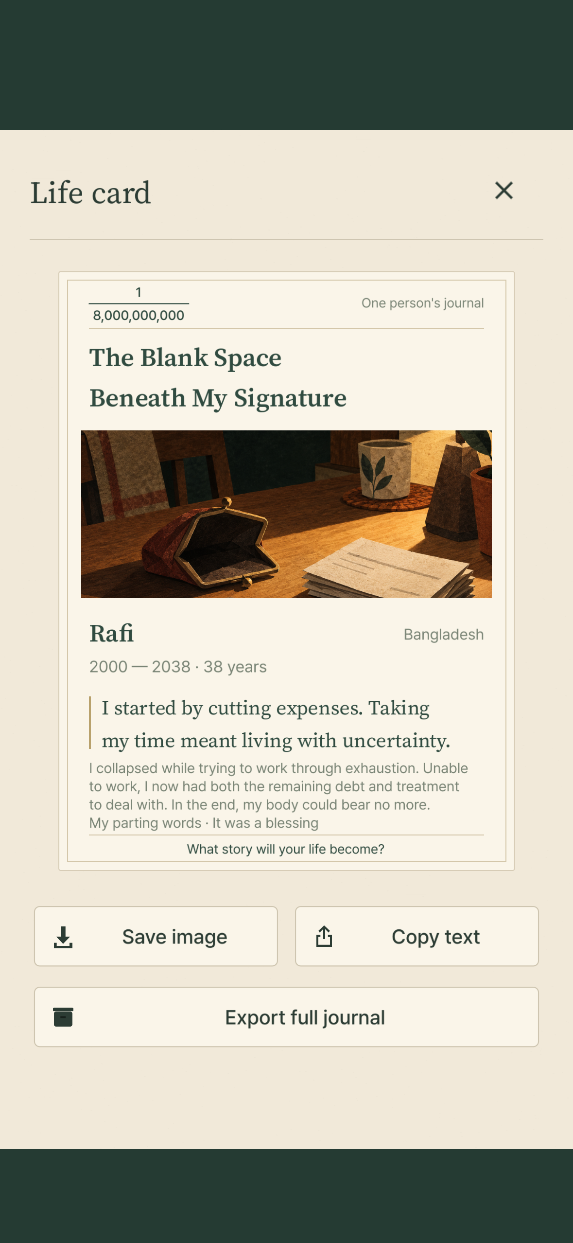 Actual life card sharing screen with the fictional character Rafi’s life and memories